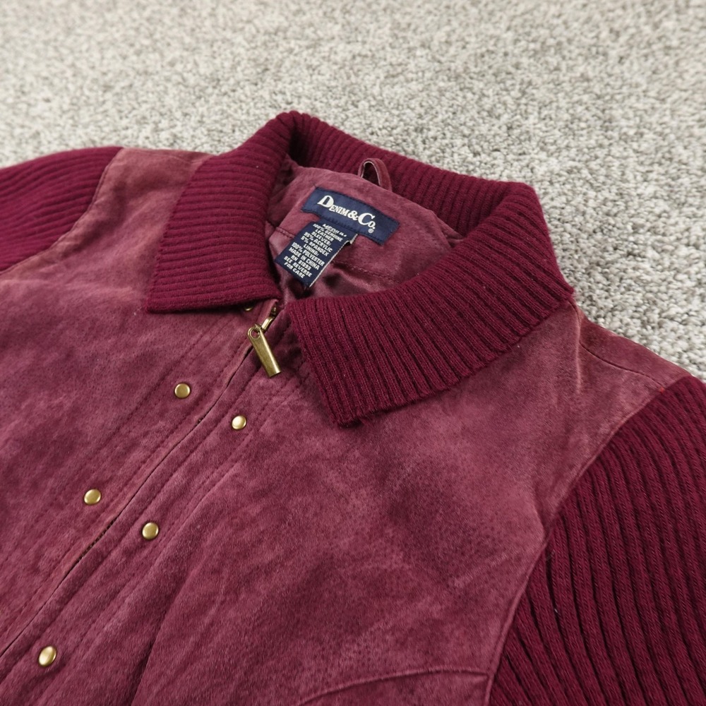 Denim & Co Jacket‎ Womens M Red Leather Ribbed Knit Sleeve Full Zip Biker Coat